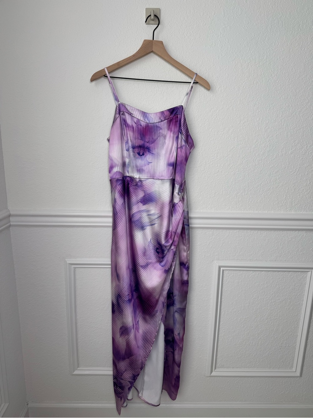 Express Purple Floral Satin Slip Dress with Draped Overlay Size L
